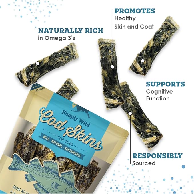 Cod Skins Alaskan Cod Fish Training Treats for Dogs-Dehydrated Fish, All Natural Human Grade Skins - Low Fat Treat Sustainably Sourced in USA (6.6 Oz)