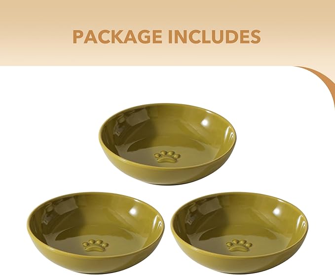 Havniva Ceramic Wide Whisker Friendly Cat Dishes, Set of 3 Ceramic Cat Bowls with Paw Print, Anti-Slip Indoor Kitten Feeding Food& Water Dish to Prevent Whisker Fatigue(3 Pcs, Matcha Green)