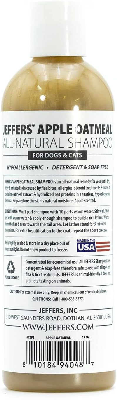 Jeffers Pet Apple Oatmeal Shampoo for Dogs & Cats, 17 oz - Gentle Coconut Based Formula w/Colloidal Oat Protein, Soap Free, Deodorizing Apple Scent, Sensitive Skin, Puppies Kittens Grooming Care