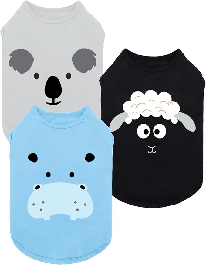 Fitwarm 3 Pack Hippo Sheep Koala Dog Shirt, Summer Clothes for Small Dogs Boy Girls, Funny Pet Outfit, Black, White, Gray, Blue, XXL