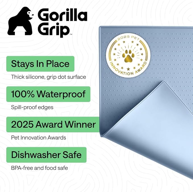 GORILLA GRIP 100% Waterproof Raised Edge BPA Free Silicone Pet Feeding Mat, Dog Cat Food Mats Contain Spills Protects Floors, Placemats for Cats and Dogs Water Bowl, Pets Accessories 32x24 Blue