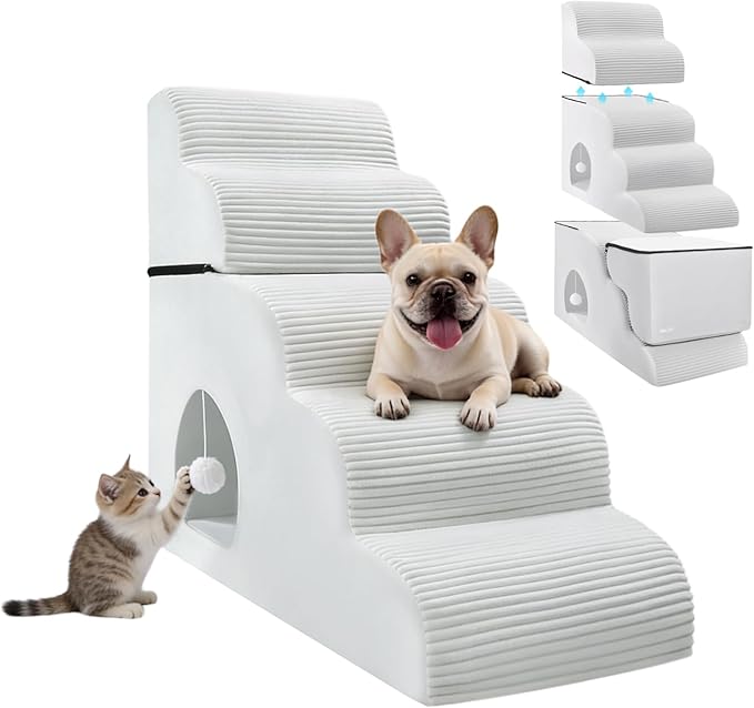 Dog Stairs for High Beds Up to 30" H with Tunnel,Extra Height 27.5" 5-Step Pet Steps for Small Dogs and Cats, Non-Slip Sturdy Dog Ramp with Anti-Tip Safety Strap and Removable Cover