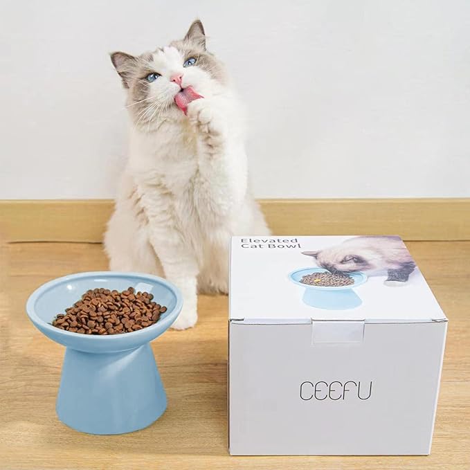 CEEFU Extra Wide Elevated Ceramic Cat Food Bowl - 6.2" Shallow Dish for Whisker Fatigue Relief, 5" Height for Easy Feeding, Lead & Cadmium Free, Durable Raised Cat Food Bowls, Blue