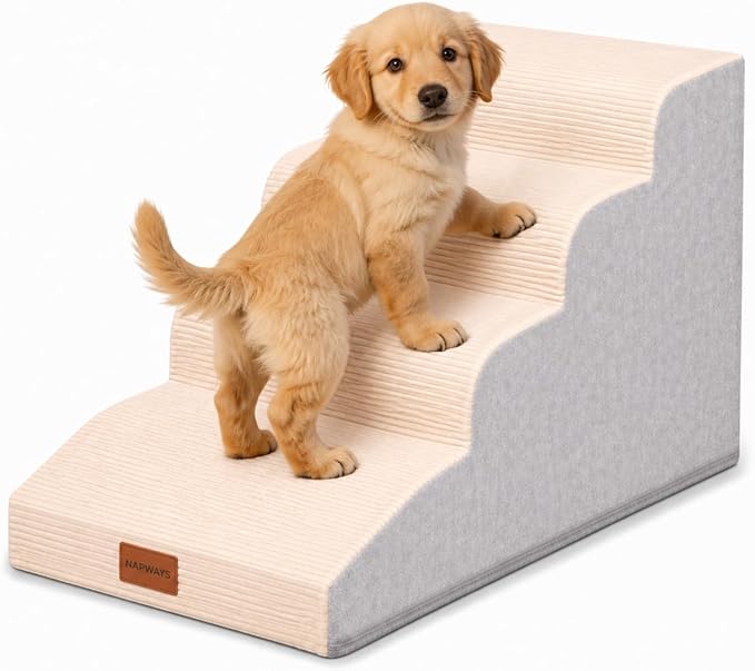 Dog Stairs for Small Dogs and Cats, 19.7" H, 4-Step Curved Pet Ramp for Beds or Couches, Non-Slip Medium Pet Steps with High Density Foam, Beige