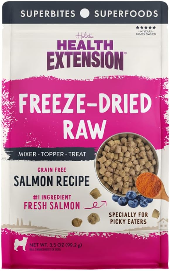 Health Extension SuperBites Freeze-Dried Raw Salmon Meal Mixer for Dogs, (3.5 oz, 99.2 g) – Premium Blend with Raw Proteins and Superfoods for Optimal Nutrition