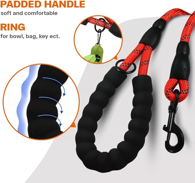 Taglory Rope Dog Leash 6 FT with Comfortable Padded Handle, Highly Reflective Threads Leash and Anti-Tangle Clip for Walking Small Dogs, 3/8 inch, Red