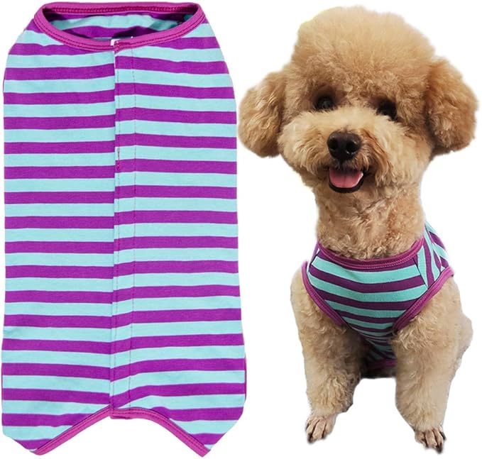 Dog’s Recovery Suit Post Surgery Shirt for Puppy, Wound Protective Clothes for Little Animals(Purple Blue Stripe-m)
