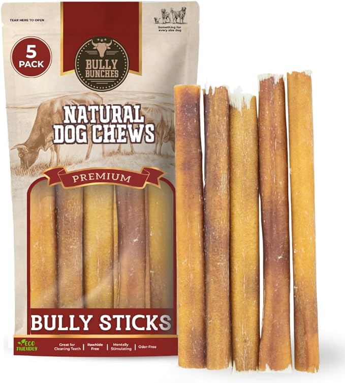 Bully Bunches Premium 6 Inch Standard Odor-Free Bully Sticks for Small to Medium Dogs & Puppies - Consistently Sized, Long Lasting Chews for Oral Care - All Natural, 100% Beef Dog Treats (5 Pack)