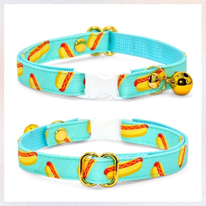 Hot Dog Cat Collar Bow Tie, Blue Cat Collar, Breakaway Safety Collars, Wedding/Birthday Cat Accessories, Adjustable Bowtie, Removable Jingle Bell