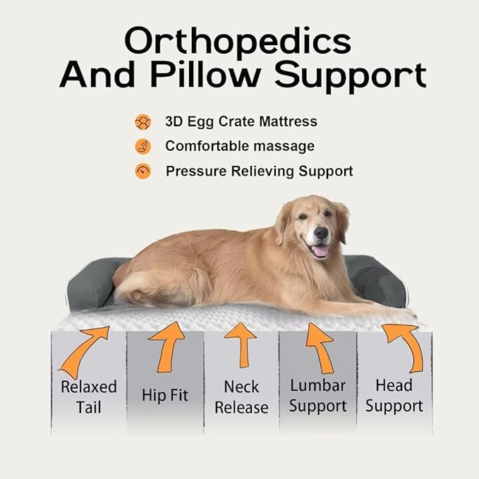 Large Dog Bed Orthopedic Washable - Beds Bolster - Extra XL XLarge Big Dogs - Memory Foam Couch Sofa - Waterproof with Removable Cover - Dark Grey Dog Bed