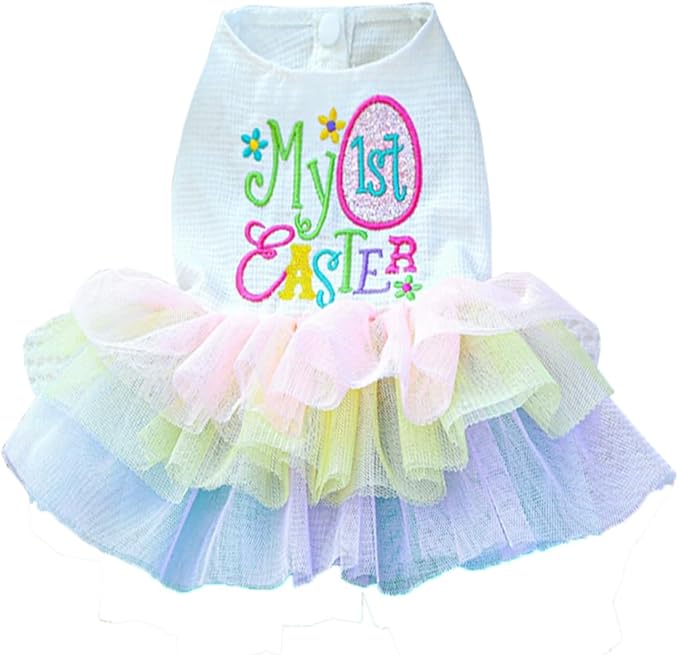 ANIAC Happy 1st Easter Dog Dress Girl Holiday Puppy Clothes for Small Dog Easter Cat Outfit Eggs Print Rainbow Doggy Princess Tutu Dress Pet Clothing (Medium)
