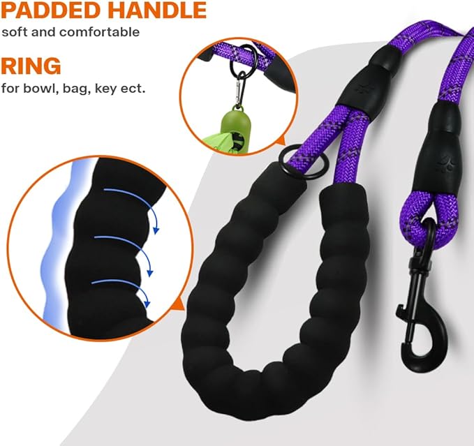 Taglory Rope Dog Leash 4 FT with Comfortable Padded Handle, Highly Reflective Threads Leash and Anti-Tangle Clip for Walking Medium Large Dogs, 1/2 inch, Purple