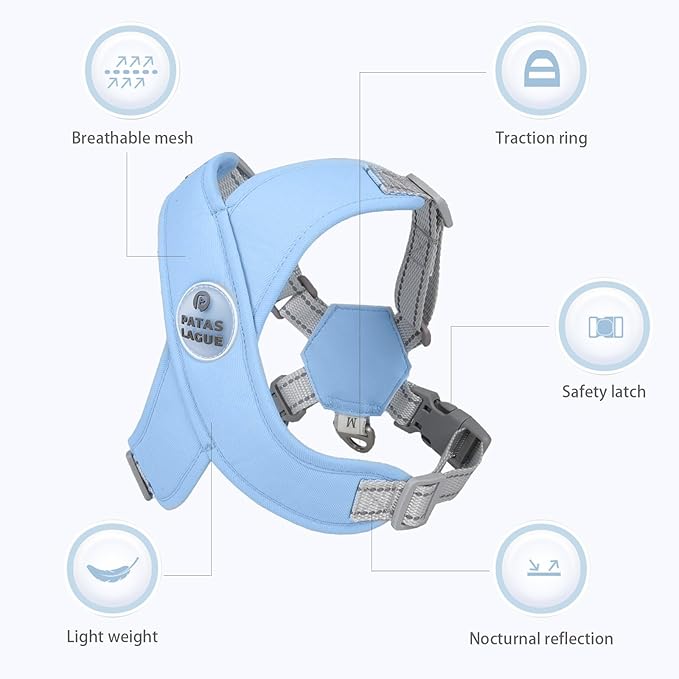 Patas Lague Dog Harness with Leash Set Adjustable Soft Padded Step-in Dog Vest No Choke No Pull Reflective for Small Medium Pets with Poop Bags and Dispenser, Solid and No-chew, Blue S