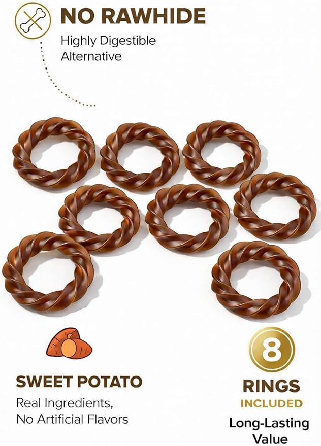 No Rawhide Puppy Teething Rings – Sweet Potato (8 Rings) Grain Free Rawhide Alternative Teething Treats for Puppies