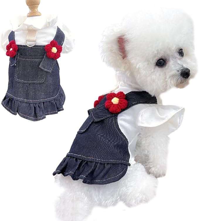 ANIAC Denim Small Puppy Dress 3D Flowers Girl Dog Clothes with D-Ring and Pocket Female Cat Harness Dresses Cute Shih Tzu Yorkies Chihuahua Outfits Summer Pet Clothing (X-Large)