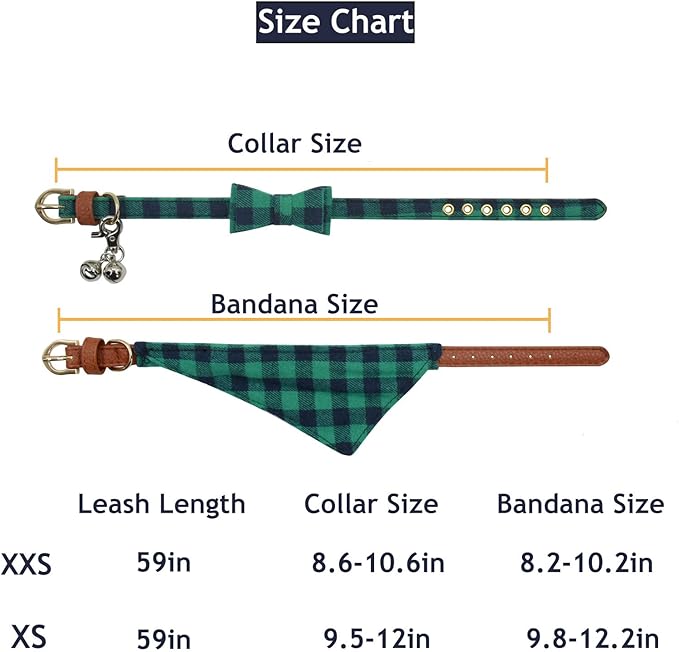 3PCS Bow Tie Dog Collar and Leash Set Plaid/Camo/Dots/Flower Dog Bandanas with Bell 3 Size Adjustable for Small Dogs Puppies and Cats (XS, Green Plaid)