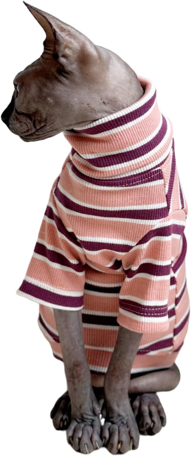 Turtle Neck Vintage Stripes Sphynx Hairless Cat Cotton T-Shirts Pet Clothes Vest Kitten Shirts Sleeveless, Cats & Small Dogs Apparel (Pink, M (5-6.5 lbs))