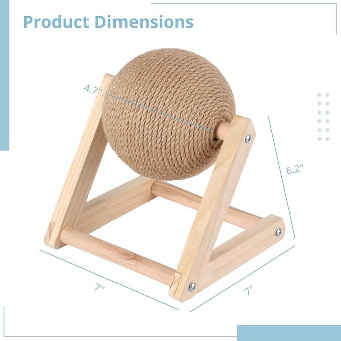 Rabbit Scratcher Toy with Rotating Sisal Ball, Solid Wood Support & Play Base for Small Pets