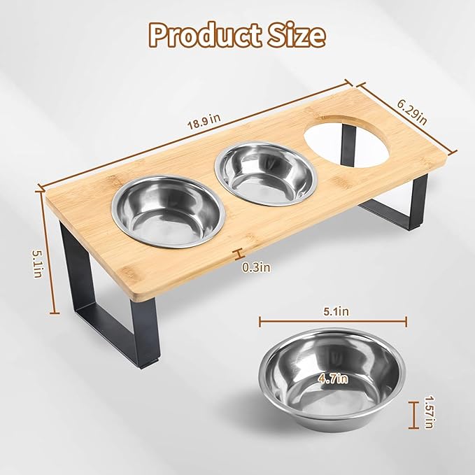 Elevated Cat Bowls, Raised Cat Food Bowls, 15°Tilted Stainless Steel Cat Bowls for Indoor Cats, Anti Vomit, Bamboo, Stand with 3 Feeder Bowls for Cats and Puppy