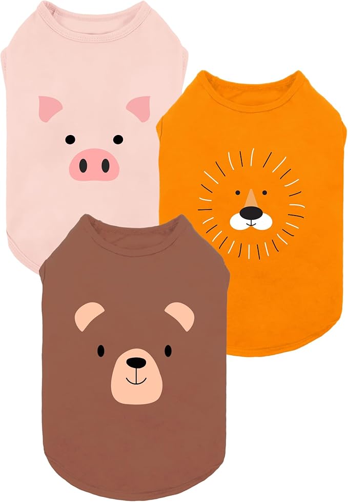 Fitwarm 3 Pack Bear Lion Pig Dog Shirt, Funny Dog Clothes for Small Dogs Boy Girls, Summer Pet Outfit, Cute Animal Costume, Brown, Pink, Blaze Orange, XS