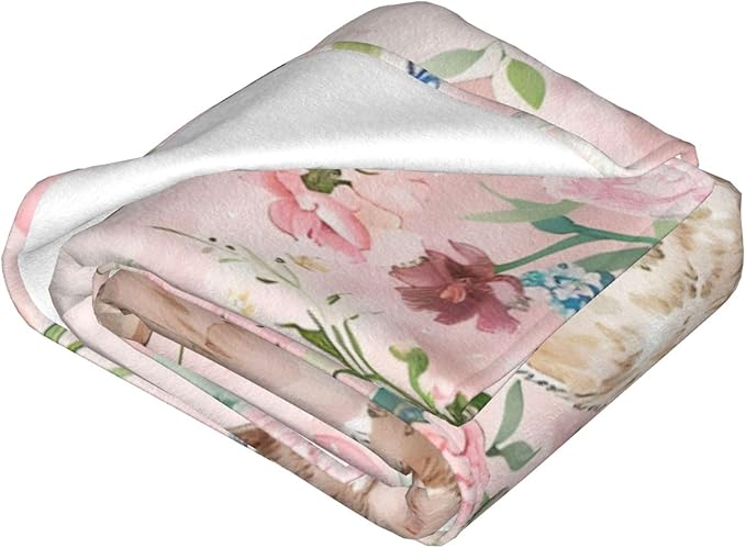 Cute Rabbit Blanket Bunny Flower Decor Pink Throw Blanket Gifts for Girls Boys Rabbit Lover Couch Bedding Super Warm Soft Plush Lightweight Fleece Flannel Blanket for Kids Adults Men Women 80"X60"