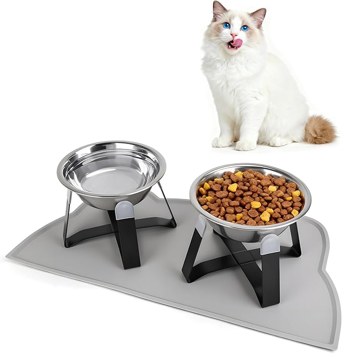 2 Pack Raised Cat Bowls Holder with Non-Slip Mat Stainless Steel Cat Feeder Elevated Pet Water Food Bowls for Cats Puppies Rabbits (Black)