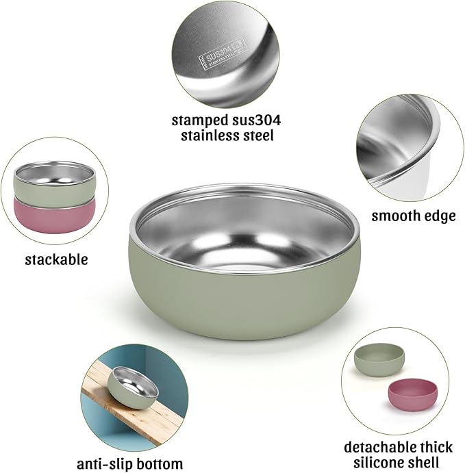 Kitten Bowls 2 Pack, Stainless Steel Cat Food and Water Bowl Set with Anti-Slip Silicone Bottom, 5 '' Wide Thick & Heavy Duty Metal Pet Dishes for Kittens, Cats and Puppies