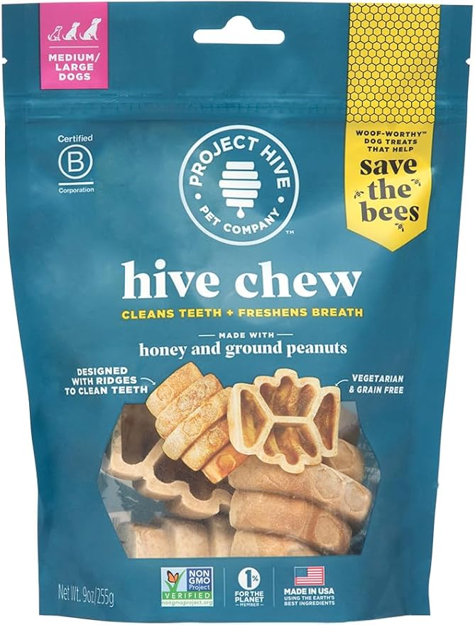 PROJECT HIVE ·PET COMPANY· Dental Chew Treats for Dogs, 9 oz, Large (M/L) – Peanut Flavor, Beehive-Shaped Dental Treats, Cleans Teeth & Freshens Breath, Vegetarian Recipe with Honey, No Grain or Soy