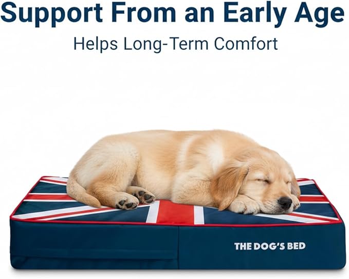 The Dog’s Bed Orthopedic Memory Foam Dog Bed for Large Dogs, Waterproof Washable Cover, Anti-Slip Base, Calming Surface – CertiPUR-Certified Foam, Blue & Red Trim UK Center Flag, 6 Inch Thick