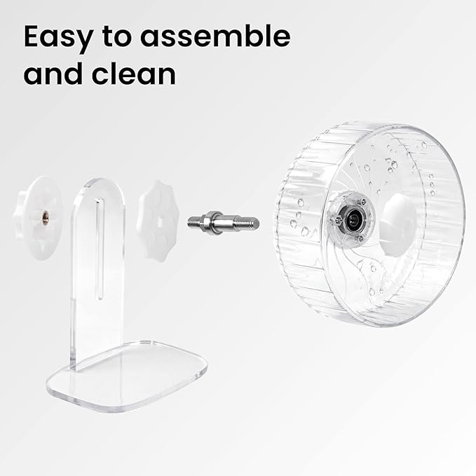 Silent Hamster Wheel, 8in Hamster Wheel with Adjustable Stand, Double-Bearing Quiet Spinner for Syrian Hamsters, Hedgehogs, Mice & Small Pets, Clear
