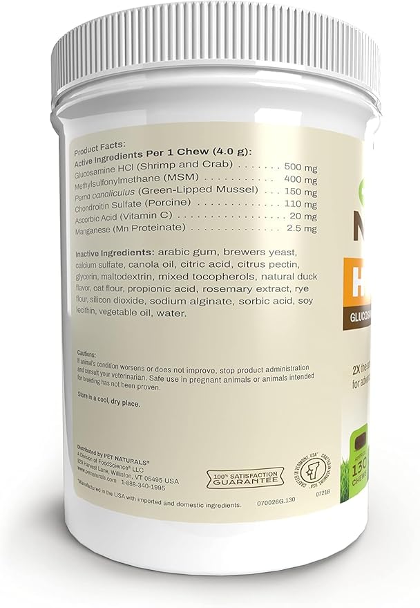 Pet Naturals Hip and Joint Pro Supplement with Glucosamine, Green-Lipped Mussel, and Chondroitin for Dogs, Duck Flavor, 130 Chews