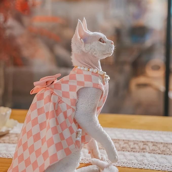 Sphynx Cat Pink Sleeveless Bow Dress with Pearl Necklace Set, Cute & Stylish Pet Apparel for Daily Wear, Cute Dress for Cats and Puppy (Large(5-7 lbs))