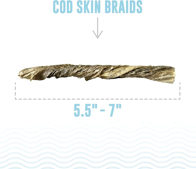 Icelandic+ Cod Skin Braids - 5 Pack - Dog Treat Chews, 5.5-7" Sticks, Single Ingredient, Air-Dried, Hand-Wrapped Wild-Caught Fish, Omega-3 Pet Snack