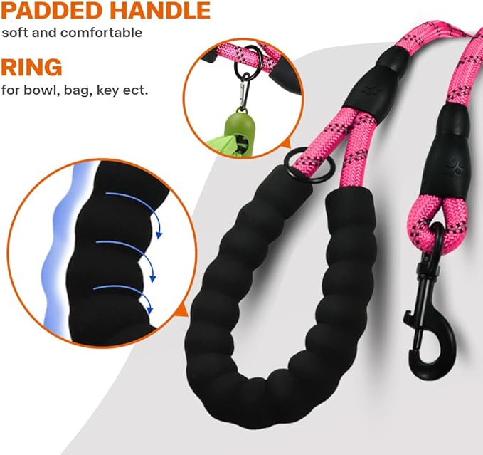 Taglory Rope Dog Leash 6 FT with Comfortable Padded Handle, Highly Reflective Threads Leash and Anti-Tangle Clip for Walking Small Dogs, 3/8 inch, Pink