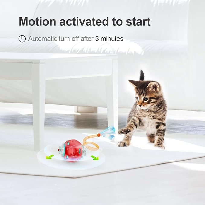 Interactive Cat Toys for Indoor Cats,The 3rd Generation Agile Moving Cat Ball with Elastic Mesh Tail,Automatic Kitten Toys for Bored Indoor Cats (Red)