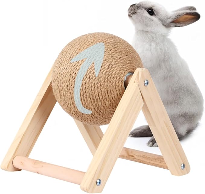 Rabbit Scratcher Toy with Rotating Sisal Ball, Solid Wood Support & Play Base for Small Pets