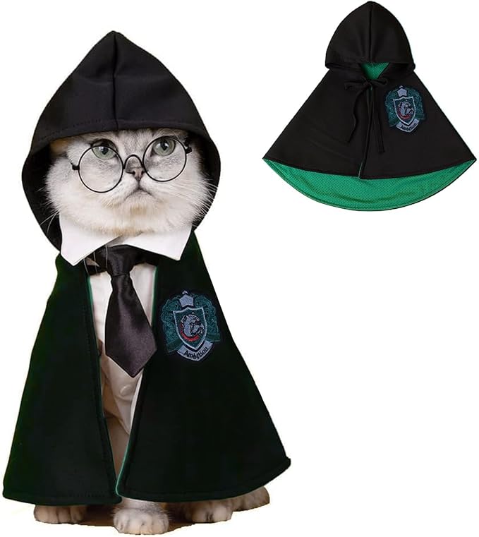 Cat Halloween Costume - Pet Wizard Costumes Mantle Magician Cosplay Clothes with Bowtie & Glasses Set, Festival Party Apparel for Small Pets Cats Dogs