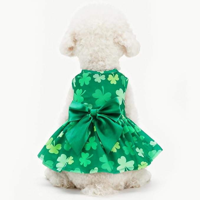PUPTECK Print Dog St. Patrick's Day Dress Pet Costumes Apparel with Cute Bowtie Puppy Clothes Outfit, Shamrock S