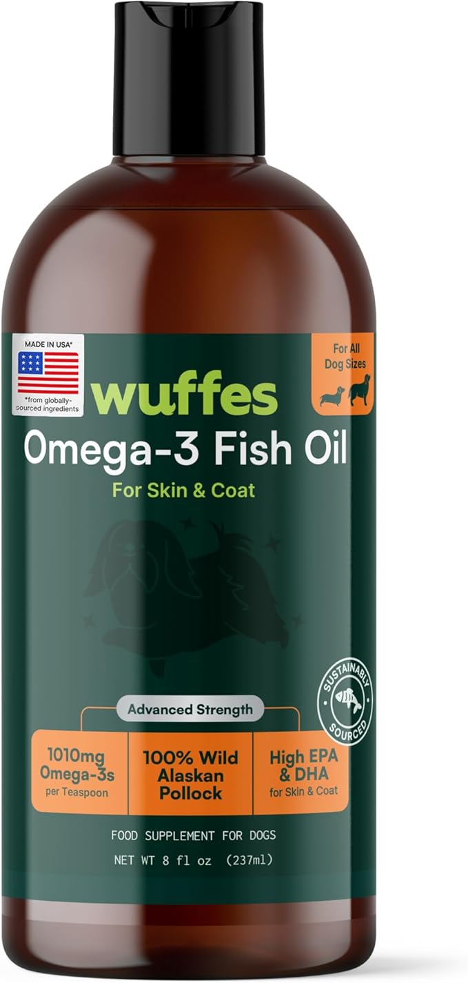 Wuffes Advanced Omega 3 Fish Oil for Dogs, Natural EPA & DHA Fatty Acids, Supports Healthy Skin and Coat, Joint Nutrition, Digestion & Immune System - 100% Pure Wild Alaskan Fish Oil - 8 Oz