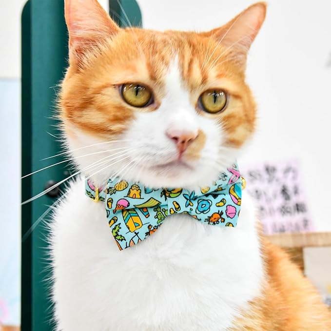 Cat Collar Bow Set, Blue Summer Holiday, Wedding/Birthday Breakaway Collar Bowtie for Kitten/Cat
