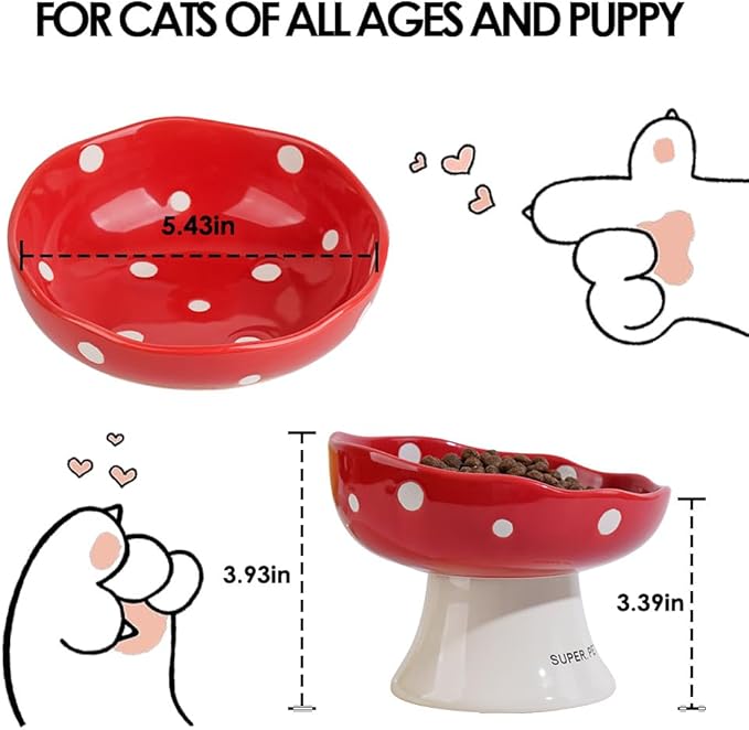 Ceramic Elevated Mushroom Cat Bowls, Tilted Raised Pet Dish Anti Vomit Kitten Bowl for Indoor Cats, Whisker Friendly Pet Food and Water Bowl for Kitten, Cat, Puppies, Dishwasher Safe (Red)