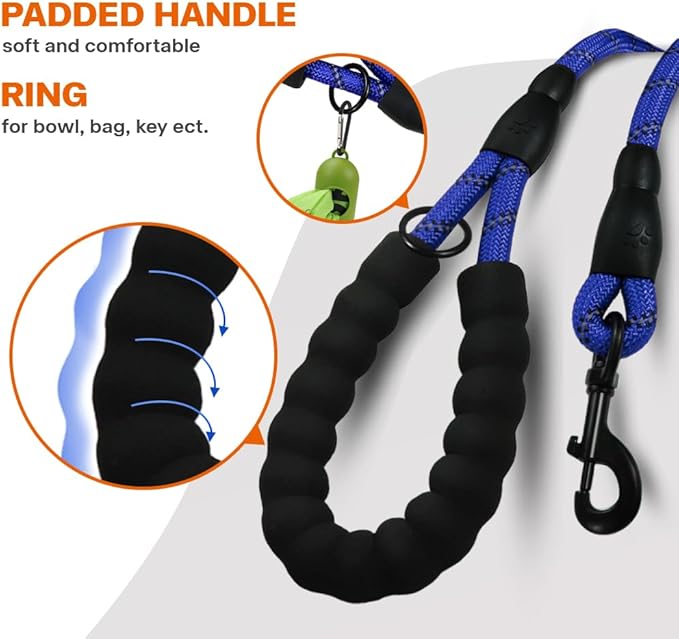 Taglory Rope Dog Leash 4 FT with Comfortable Padded Handle, Highly Reflective Threads Leash and Anti-Tangle Clip for Walking Medium Large Dogs, 1/2 inch, Navyblue