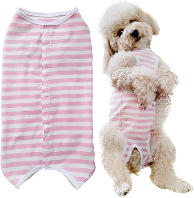 Dog Recovery Suit Post Surgery Shirt for Puppy, Wound Protective Clothes for Animals(Pink White Stripe-XL)