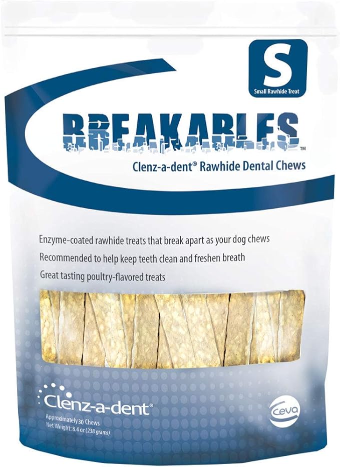 Breakables Clenz-A-Dent Rawhide Dental Chews, 15Ct (Small)