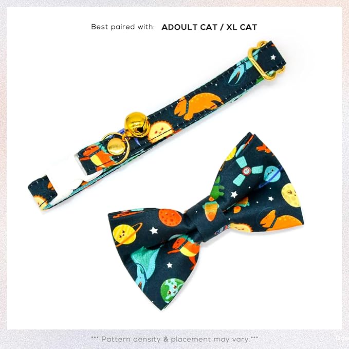 Space Dinosaur Cat Collar Bow Tie with Bell, Breakaway Safety Collar, Wedding/Birthday Cat Accessories