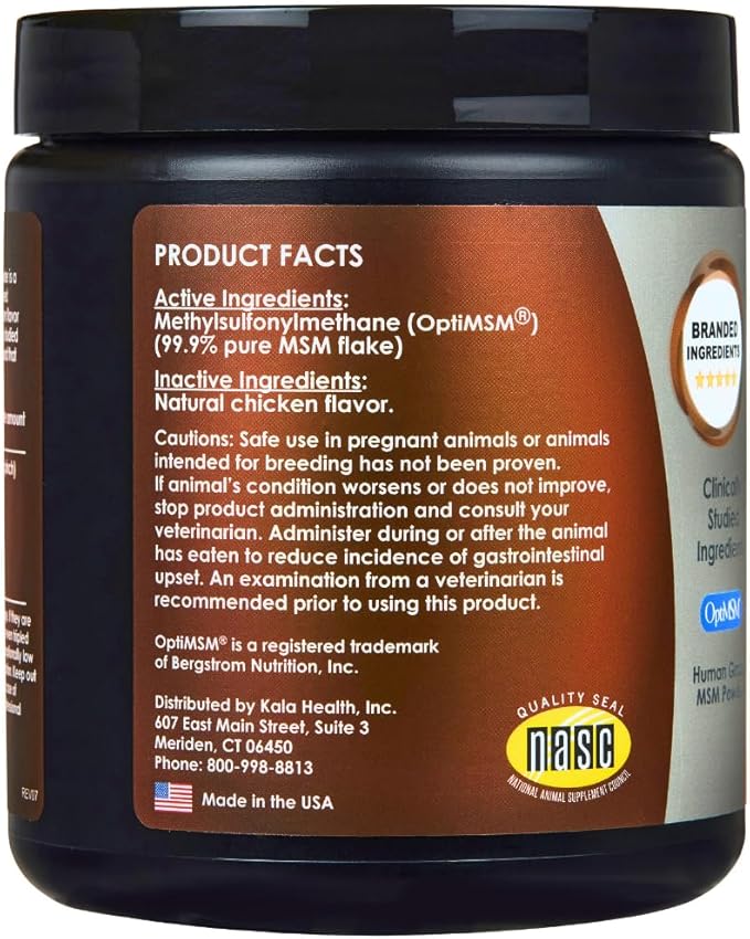 KALA HEALTH PeakTails Chicken Flavored MSM Powder for Dogs, 1 lb, Hip and Joint Support Supplement, Pure and Distilled US-Sourced MSM