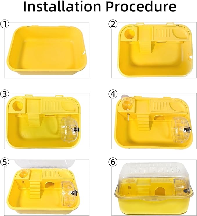 Hamiledyi Dwarf Hamster Cage Clear Plastic Small Hamster Cage Portable Carrier with Water Bottle Exercise Wheel Bathtub Box Set Toy for Dwarf Baby Hamster (Yellow)