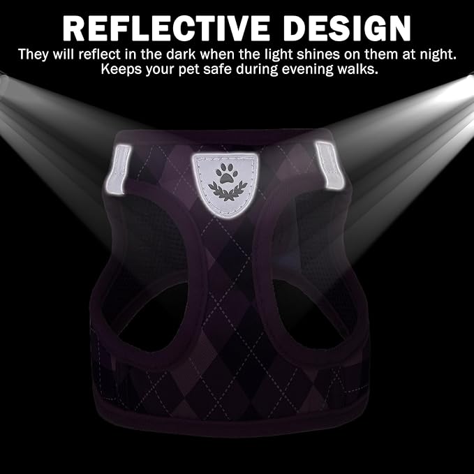 SCENEREAL Small Dog Harness and Leash Collar Set, Step in No Pull Soft Mesh Dog Harnesses for Small Medium Sized Dogs Puppy and Cats Outdoor Walking, No Chock Reflective Vest Harness, Purple Plaid XS