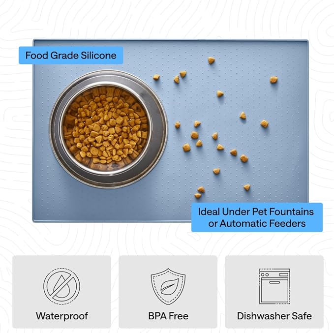 GORILLA GRIP 100% Waterproof Raised Edge BPA Free Silicone Pet Feeding Mat, Dog Cat Food Mats Contain Spills Protects Floors, Placemats for Cats and Dogs Water Bowl, Pets Accessories 32x24 Blue