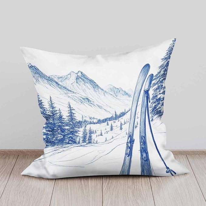 Pillow Case Ski Mountains Exciting Outdoors Sport with Skateboard in Winter Season Soft Decorative Set of 2,Square Home Decor Pillow Covers for Sofa Bedroom Car Couch 18X18 Inch